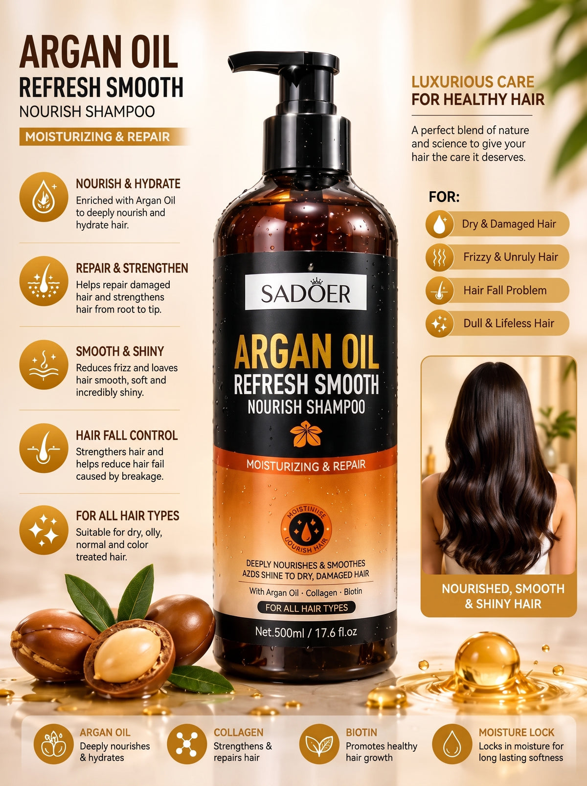 شامبو زيت الأرغان لتنعيم وإنعاش الشعر | SADOER Argan Oil Refresh Smooth Shampoo
